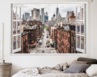 colorful NYC city skyline buildings wall art home decoration New york wall sticker 3D window 058 New york wall decal NY for home decor