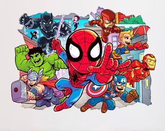 Calcomanía de pared de superhéroe, pegatina de pared de superhéroes para niños, tatuaje de pared de cómics, arte de pared, decoración