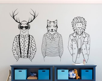 Deer Wolf Lion Hipster Wall Decal, Animals Wall Sticker, Man, Wall Tattoo, Wall Art, Decor