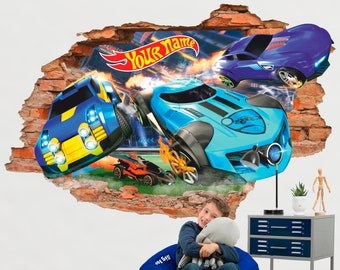Hot Cars 3D Wall Decal, Hot Race Wall Sticker, Blue Cars, Wall Tattoo, Wall Art, Decor