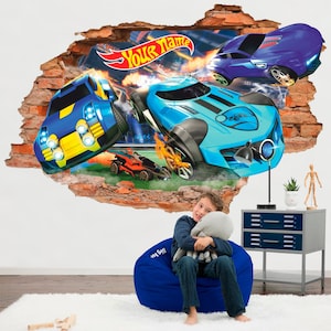 Naklejka ścienna Hot Cars 3D, naklejka ścienna Hot Race, niebieskie samochody, tatuaż ścienny, sztuka ścienna, wystrój