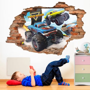 Naklejka ścienna Monster Truck Personalizowana 3D, Naklejka ścienna Monster Truck, Twoje imię, Tatuaż ścienny, Sztuka ścienna, Dekoracja