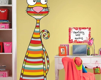 Striped Cat Wall Decal: Funny Animal Kids Room Decor