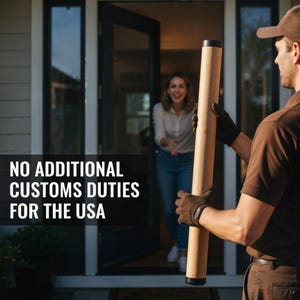 A man in a brown uniform is holding a large wooden object, while a woman in casual clothing stands in the doorway behind him.