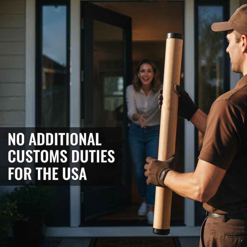 A man in a brown uniform is holding a large wooden object, while a woman in casual clothing stands in the doorway behind him.