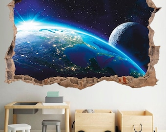 Earth & Moon Wall Decal: 3D Space Wall Sticker