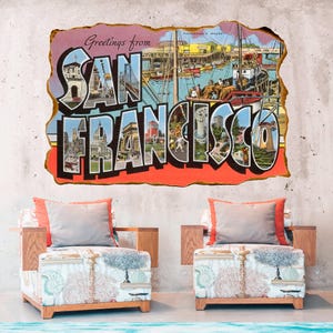 Sticker mural San Francisco, Sticker mural carte postale rétro, tatouage mural, art mural, décoration