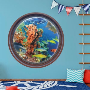 Coral Wall Decal, Fishes Wall Sticker, Ocean, Porthole, Wall Tattoo, Wall Art, Decor