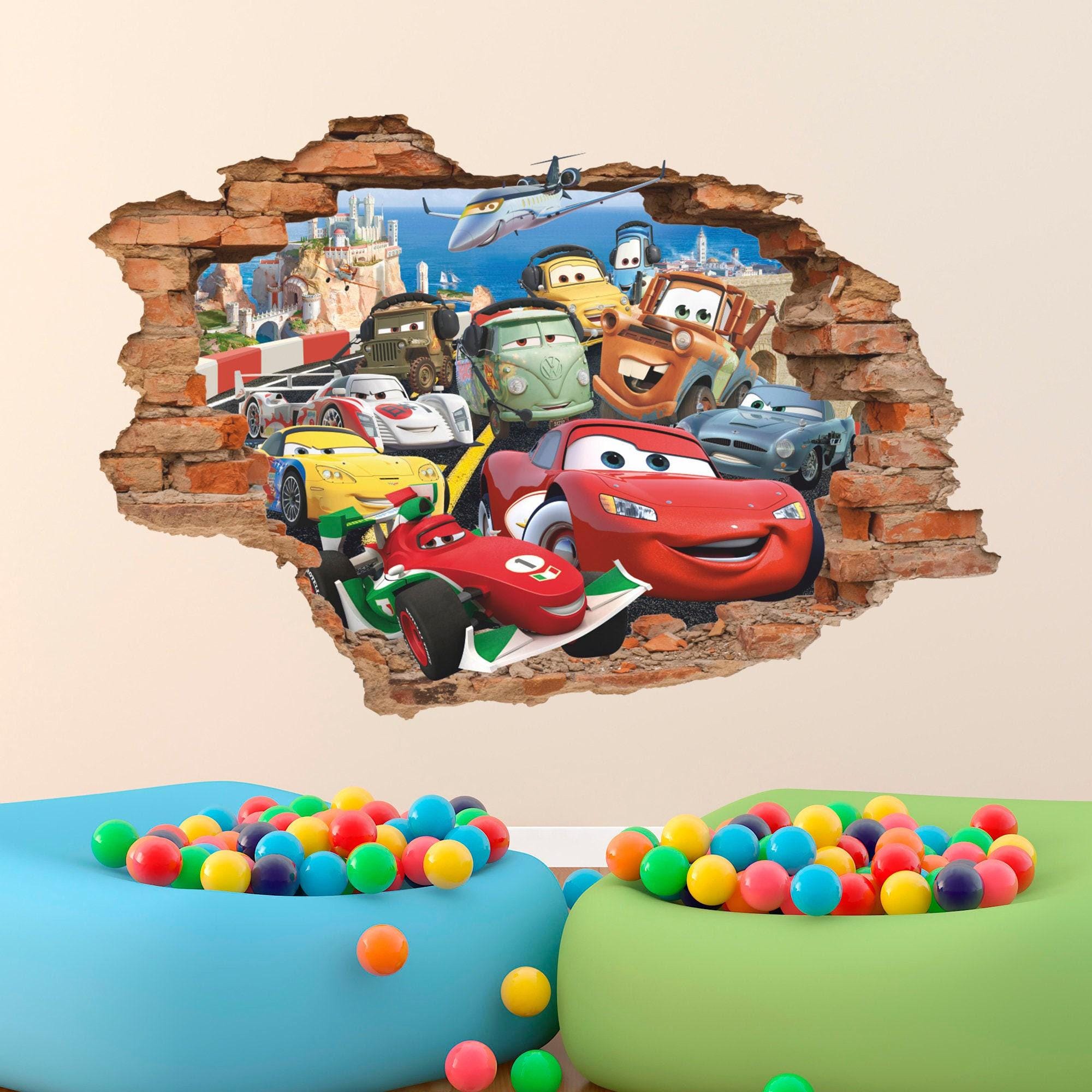 Autocollant Mural 3D Cars (McQueen, Mater) - Décor Chambre Enfant - Vinyl Amovible