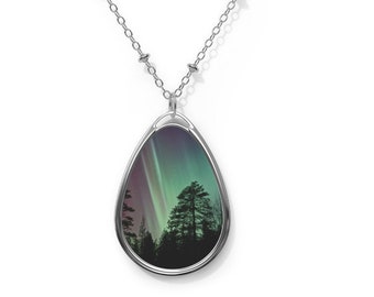 Aurora Borealis Oval Necklace, Northern Lights Silver Pendant, Nature Inspired Necklace, Nature Lover Gift