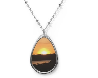 Sunset Photo Necklace, Nature Inspired Silver Pendant, Nature Print Oval Necklace, Sun Jewelry, Harvest Moon