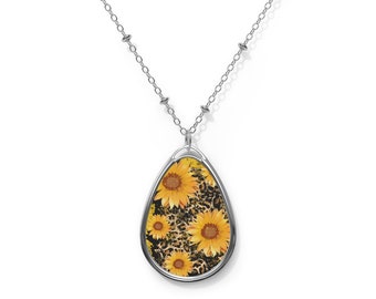 Handmade Sunflower Necklace Silver,  Sunflower Art Oval Pendant, Sunflower Bouquet Jewelry, Sunflower Necklaces, Easter Gifts
