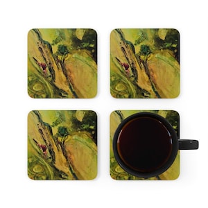 Modern Art Coasters Set, Green Handmade Square Coasters, Geometric Cork Coaster Set, Funky Art Print Coasters, Quirky Home Decor