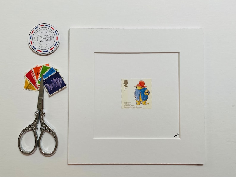 Postage Stamp Paddington Bear Themed Art/Vintage Postage Stamp Art 6X6 Unframed Art Art Without Label