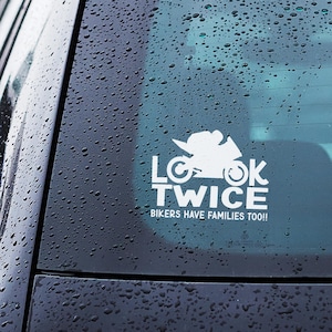 Look Twice Biker Safety Decal – Think Twice Motorbike Awareness Sticker for Car Window, SUV, Van – Durable Vinyl – UK Free Shipping