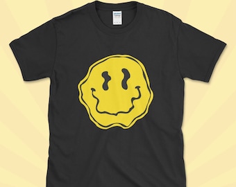 T-Shirt Festival | T-shirts pour hommes | T-Shirt Femme | Haut Raver | Chemise Smiley trippante | Visage heureux | Cadeau d'anniversaire unisexe pour homme, lui, elle