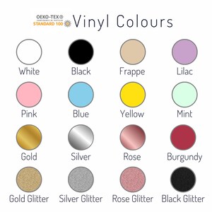 K&ouml;nnte beinhalten: Eine Farbkarte mit verschiedenen Vinylfarben. Die Karte enth&auml;lt Vollfarben wie Wei&szlig;, Schwarz, Rosa, Blau, Gelb, Gold, Silber, Ros&eacute; und Burgunder. Glitzeroptionen sind ebenfalls in Gold, Silber, Ros&eacute; und Schwarz dargestellt.