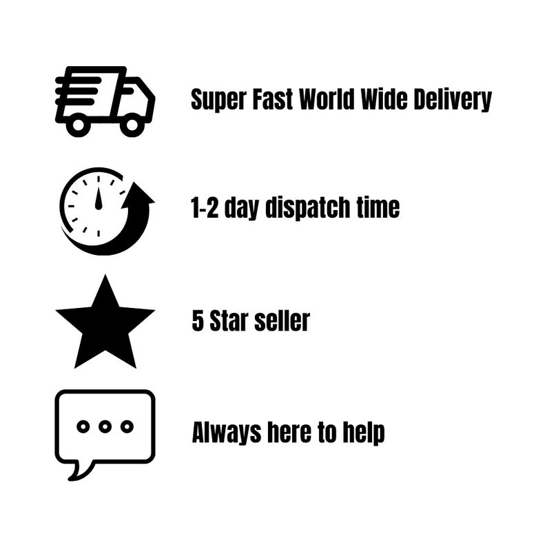 May include: Black and white icons with text describing fast shipping, dispatch time, seller rating, and customer service.  Super Fast World Wide Delivery, 1-2 day dispatch time, 5 Star seller, Always here to help.