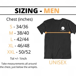 May include: Sizing chart for men's t-shirts with chest measurements in inches. The chart shows sizes S through XXL with corresponding chest measurements. The text "Tol +/- 1 inch" is also included.