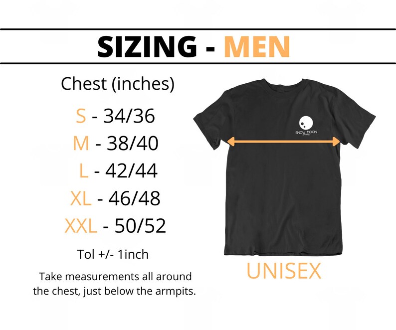 May include: Sizing chart for men's t-shirts with chest measurements in inches. The chart shows sizes S through XXL with corresponding chest measurements. The text "Tol +/- 1 inch" is also included.