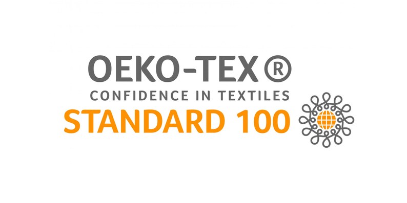 May include: A gray and orange logo with the text "OEKO-TEX&reg; CONFIDENCE IN TEXTILES STANDARD 100". A stylized gray circle with a globe inside is to the right of the text.