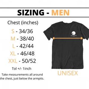 May include: Sizing chart for men's t-shirts with chest measurements in inches. The chart shows sizes S through XXL with corresponding chest measurements. The text "Tol +/- 1 inch" is also included.