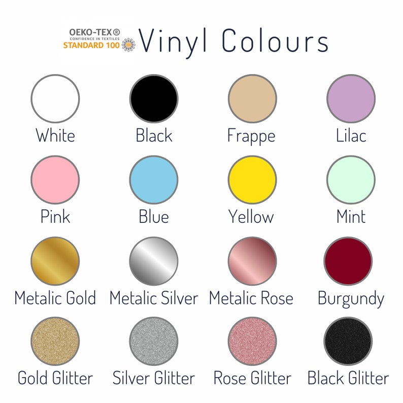 Peut inclure: Un tableau pr&eacute;sentant 12 couleurs de vinyle diff&eacute;rentes pour des projets d'artisanat. Les couleurs comprennent le blanc, le noir, le frapp&eacute;, le lilas, le rose, le bleu, le jaune, la menthe, l'or m&eacute;tallis&eacute;, l'argent m&eacute;tallis&eacute;, la rose m&eacute;tallis&eacute;e et le bordeaux. Le tableau comprend &eacute;galement des versions paillet&eacute;es de l'or, de l'argent, de la rose et du noir.