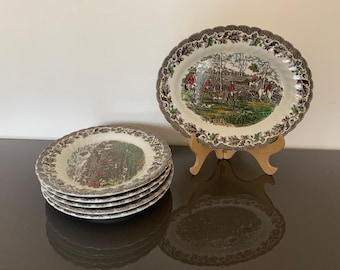 Pratos vintage Myott Staffordshire (conjunto de 6) – Cena de caça da vida no campo inglês
