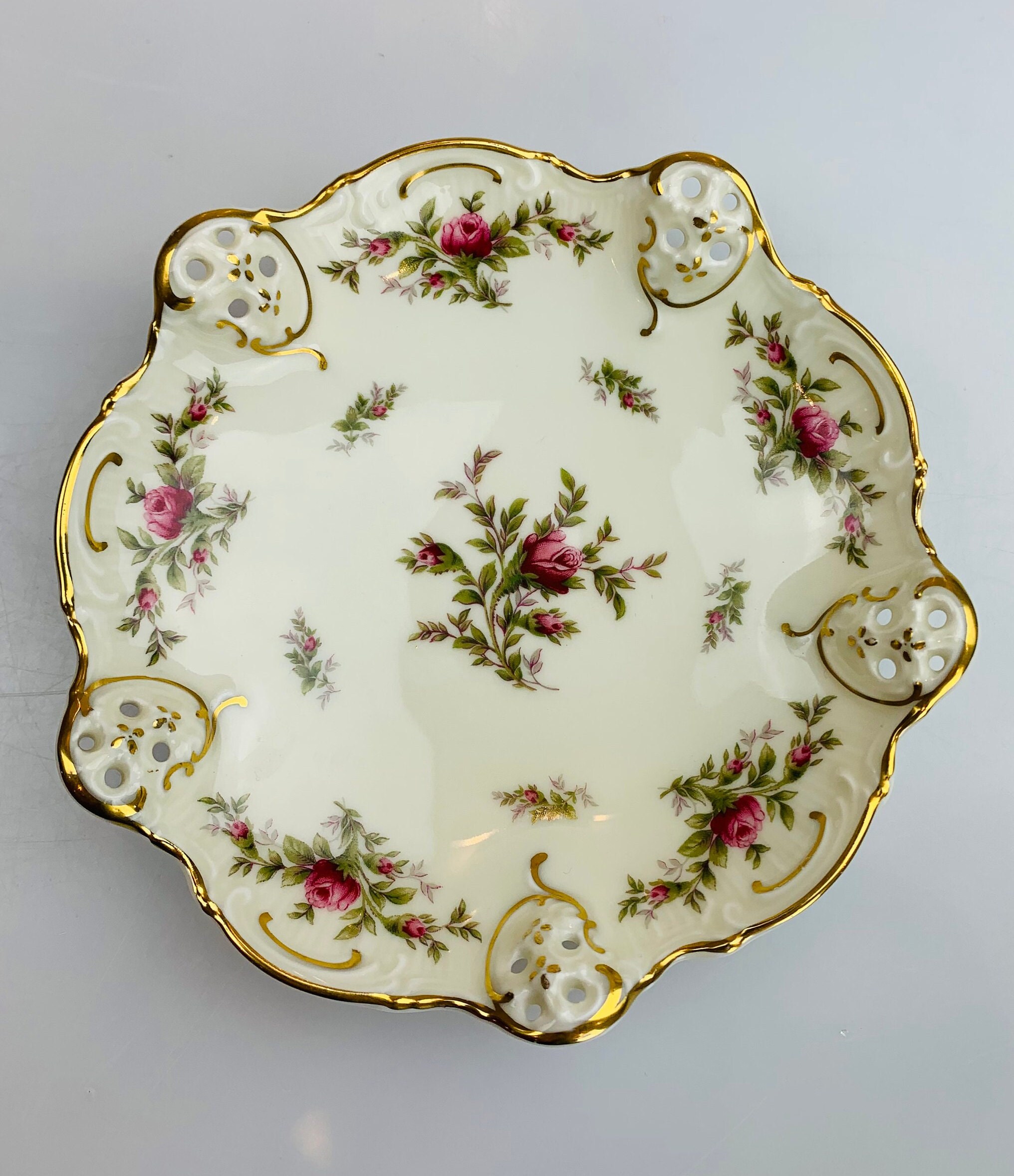 Rosenthal Group Classic Rose Dish Moss Rose Pattern Gold Trim Moss