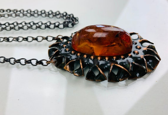Soviet Vintage Necklace Amber Necklace Metal Copper Necklace With