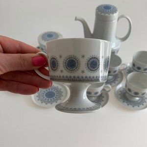 K&ouml;nnte beinhalten: Eine wei&szlig;e Teetasse und Untertasse mit einem blauen und grauen geometrischen Muster. Die Tasse hat einen Sockel und die Untertasse einen gewellten Rand.