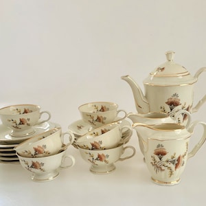 RARE Antique 1910-1935 Porsgrund Norge coffee/tea service Ivory Gold Trim Floral Porcelain Vintage PORSGRUND Norway tea set for 6 person