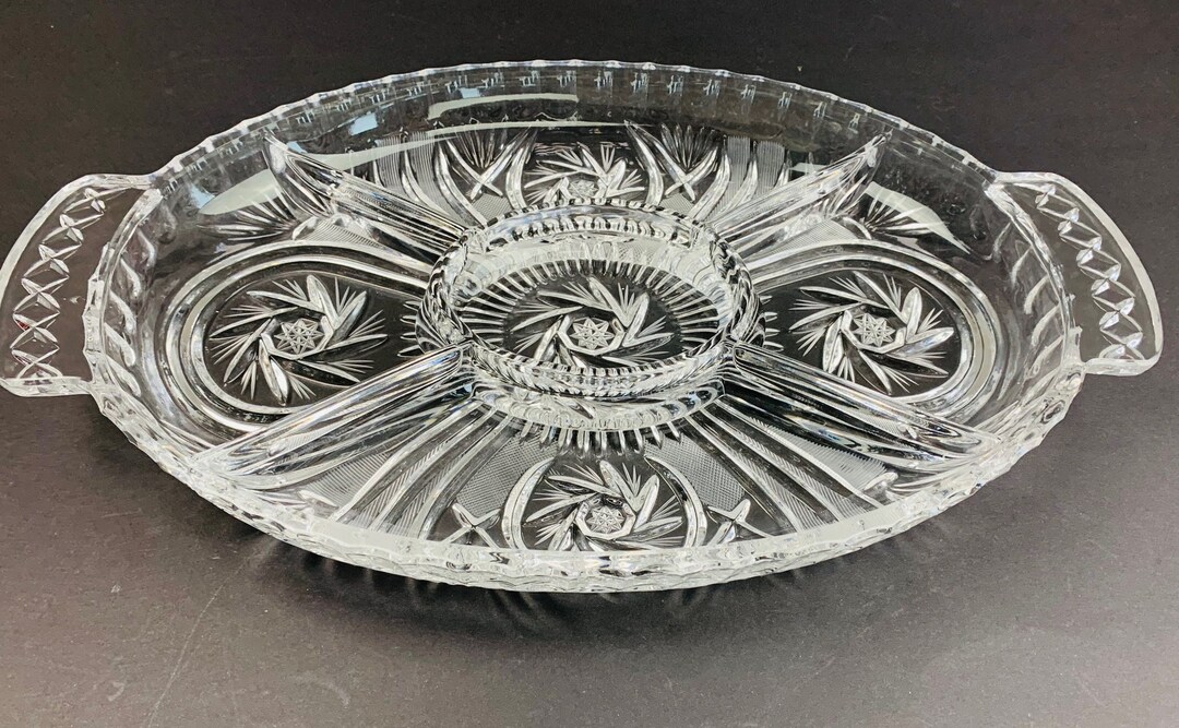 Vintage Oval Shaped Crystal Glass Serving Tray Heavy Hand Cut Crystal