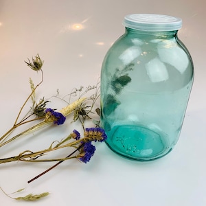 Puede incluir: Un tarro de vidrio transparente con una tapa blanca. El tarro está teñido de verde y tiene una superficie texturizada. Hay flores secas en primer plano.