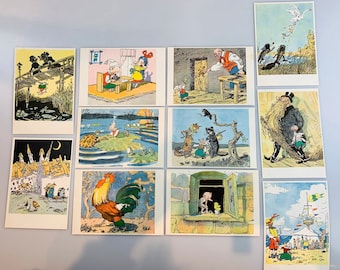 Vintage rare set of 11 postcards 1972 Pinocchio Buratino The Golden Key book illustration
