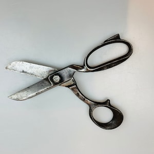 May include: A pair of heavy-duty metal shears with a dark, weathered patina on the handles and a central bolt. The blades are silver-toned with visible signs of wear, featuring a large oval finger loop and a smaller circular thumb loop.