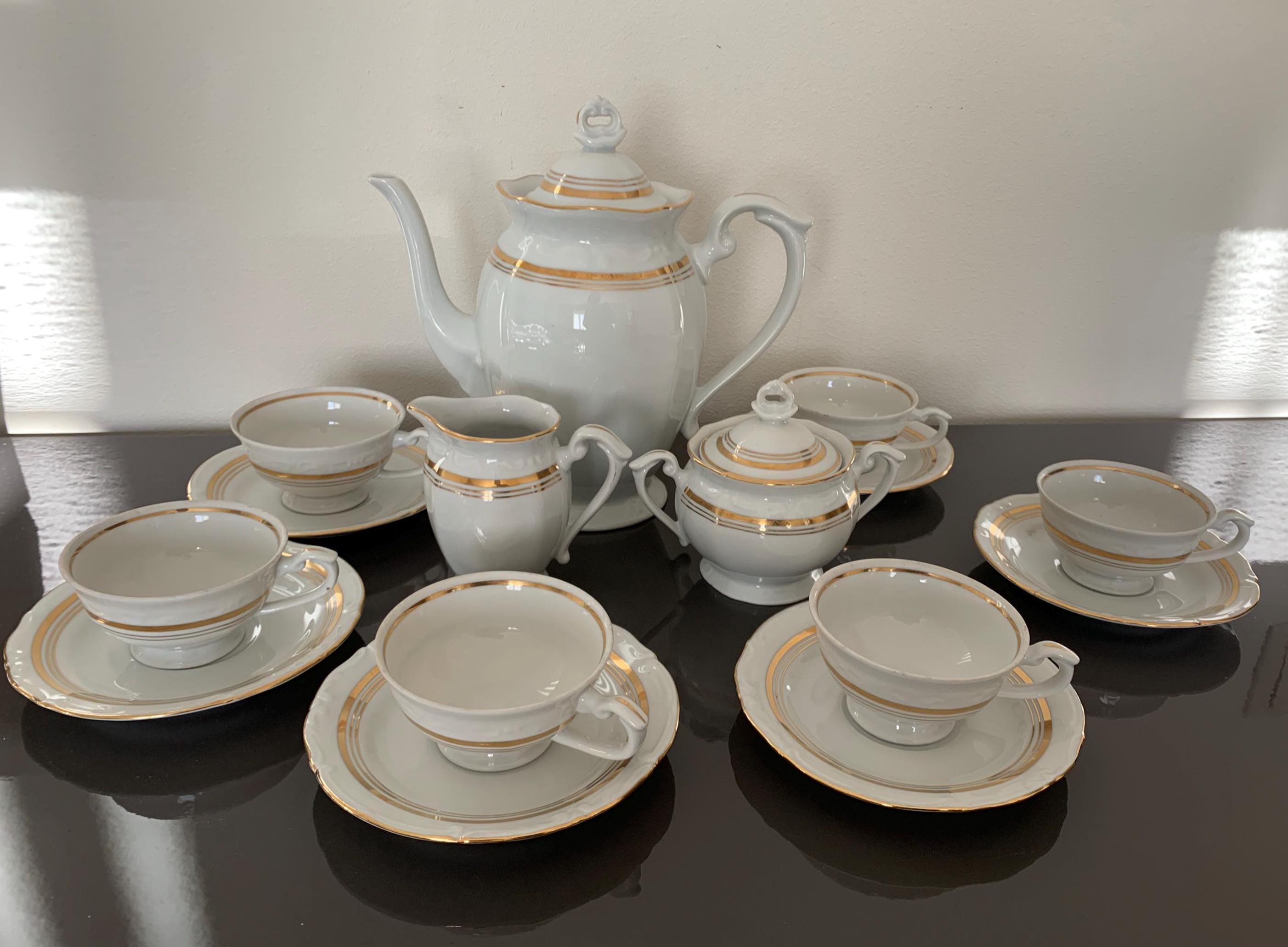 Vintage Chodzież Porcelain Coffee Set, 15 Piece Gold Trim, Made in