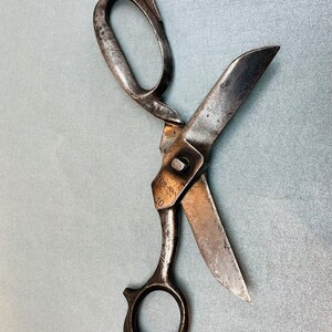 May include: A pair of vintage metal shears with a weathered, dark gray finish. The blades are partially open, and the pivot point is stamped with the text TUR-BAN and the number 10. The handles consist of one oval loop and one circular loop.