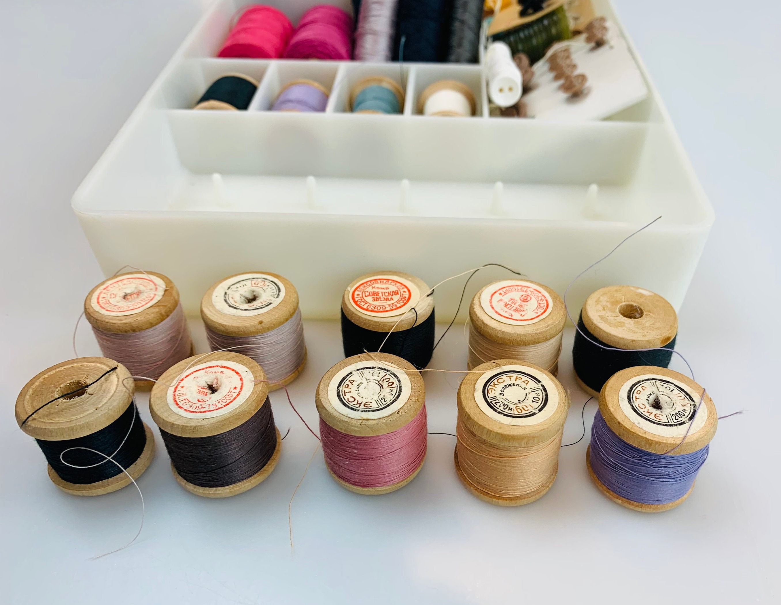 Vintage Green White Sewing Box Thread Spools Storage Case Made in USSR ...