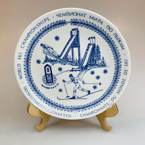 Vintage GUSTAVSBERG Blue and white decorative plate  Sweden wall decor plate World ski CHAMPION SHIPS in 1974