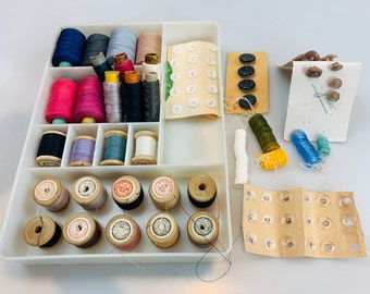 Vintage green white sewing box Thread spools storage case Made in USSR 1970s