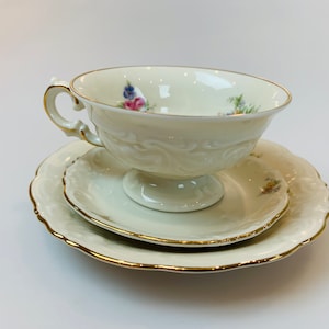Vintage KPM AD 1831 porcelain coffee set KPM Friederike set of 3 includes coffee cup saucer mini plate Germany floral coffee cup trio 1930s