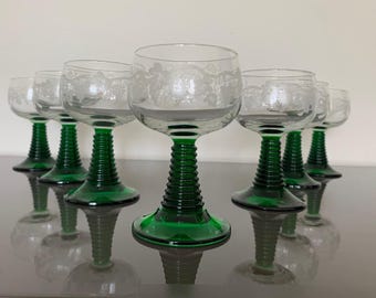 Vintage wine goblet  French set of 7 Roemer wine glasses Green ribbed stemmed glass Made in France