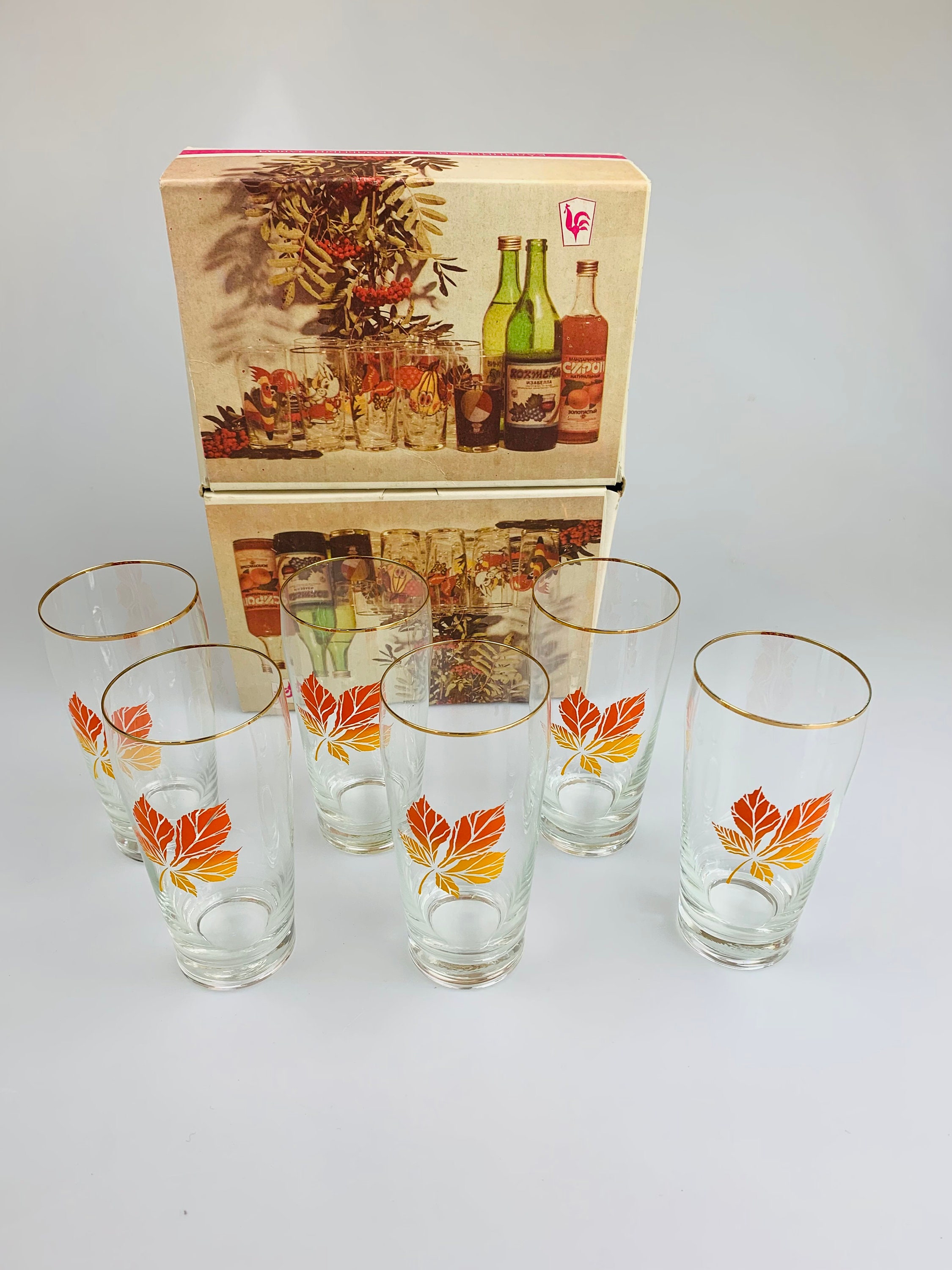 Vintage glassware USSR set of 6 glasses A set of glasses Autumn leaves Set of Soviet glasses in original packaging Water Glasses