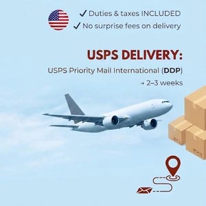 May include: A light blue graphic featuring a white airplane in flight, a stack of brown cardboard boxes, a red location pin icon, and an envelope icon. Text includes AVAILABLE FOR USA SHIPPING, Duties & taxes INCLUDED, USPS DELIVERY, and TRACKED & SECURE DELIVERY.