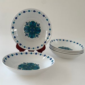 Vintage J&G Meakin Studio set of six soup plates Blue floral bowls English retro ironstone 1960s