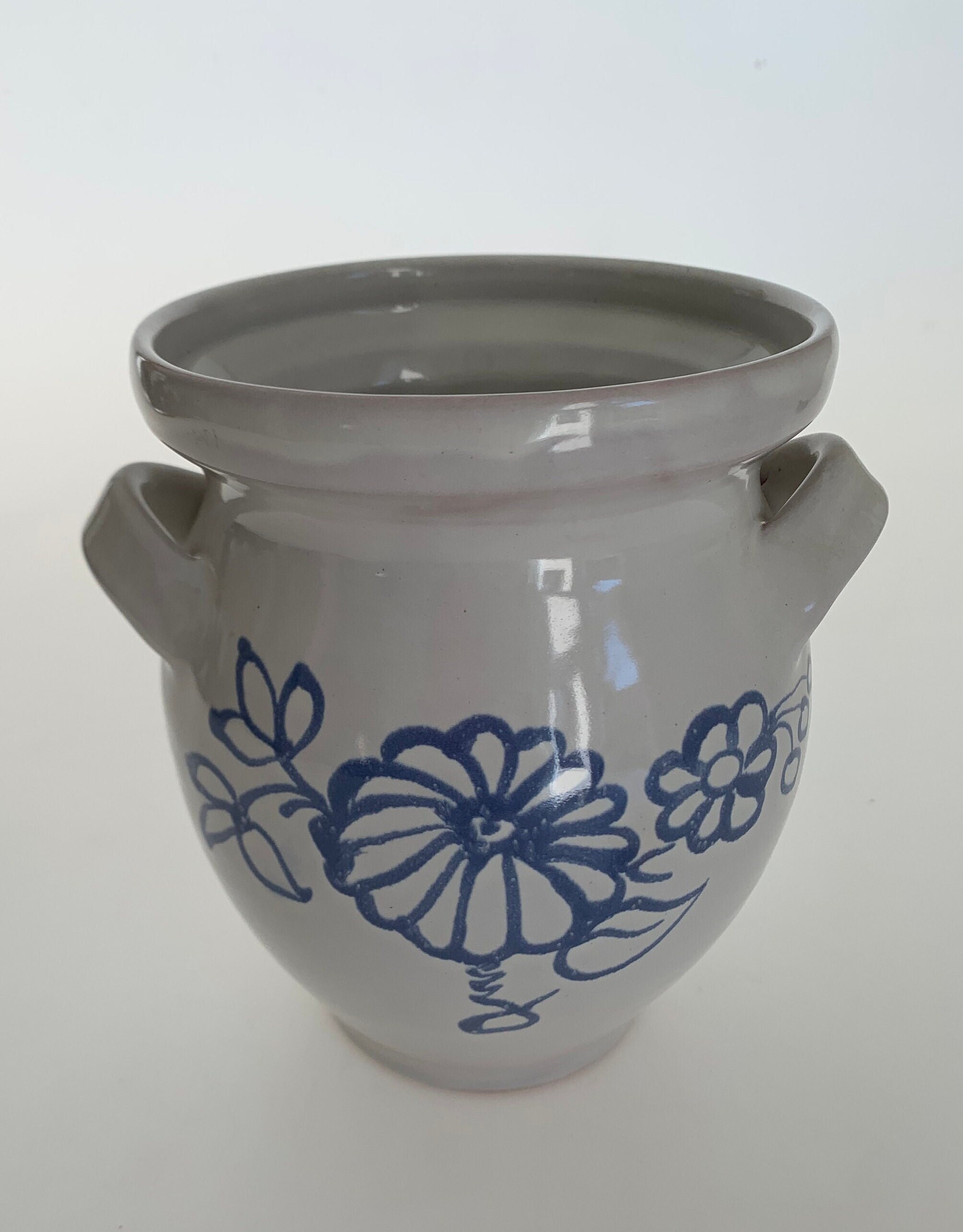Rustic Clay Pot Ceramic Vessel 2 handle Jar Glazed White floral Ceramic pot Kitchen Storage Handmade Pottery container Clay vessel