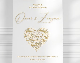 Panneau de bienvenue personnalisé islamique Nikkah Wedding Walima | Calligraphie arabe | Amour et Miséricorde | Verset du Coran 30 :21 Sourate | Blanc et or