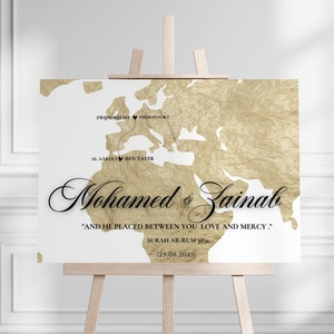 PANNEAU DE BIENVENUE DE MARIAGE carte du monde, panneau de mariage de destination, panneau personnalisé, panneau de bienvenue personnalisé, panneau islamique, panneau Nikkah, or