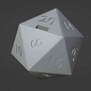 May include: A grey twenty-sided die with numbers 10, 12, 14, 16, 18, 20, 4, 6, 8, and 1 printed on the faces.
